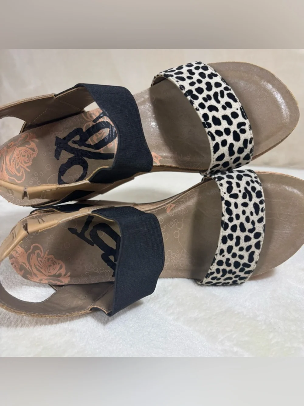 OTBT Bushnell Wedge Sandals with Black Elastic and Leopard Animal Print Size 7